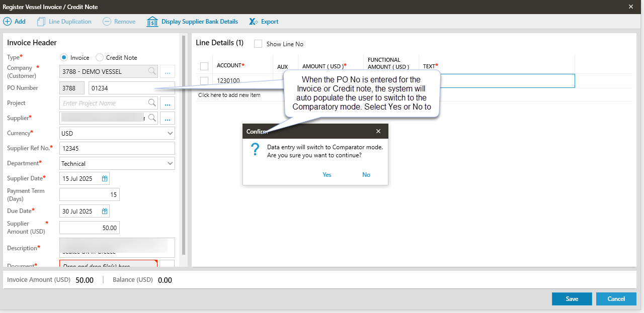 Phase Comparator Invoice Vessel Cost Approval - Create Invoice